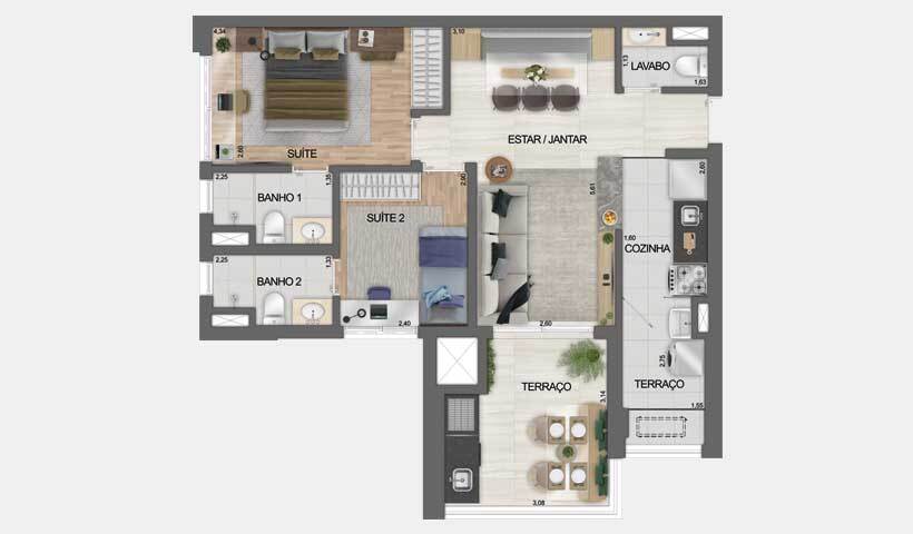 Planta 02 - 2 dorm  73m