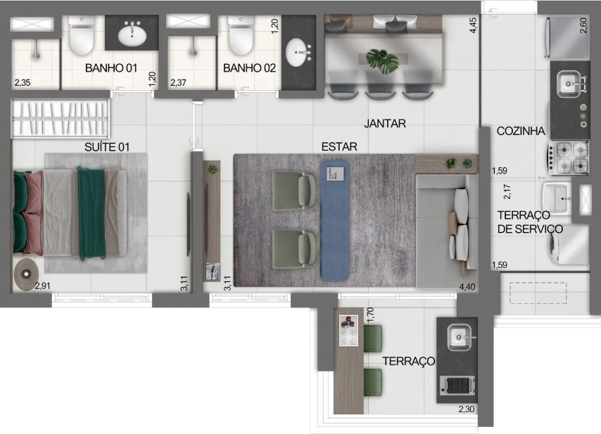 Planta 03 - 1 dorm 51m - opo