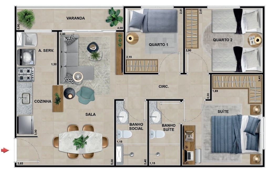 Planta 06 - 3 dorm 56,89m