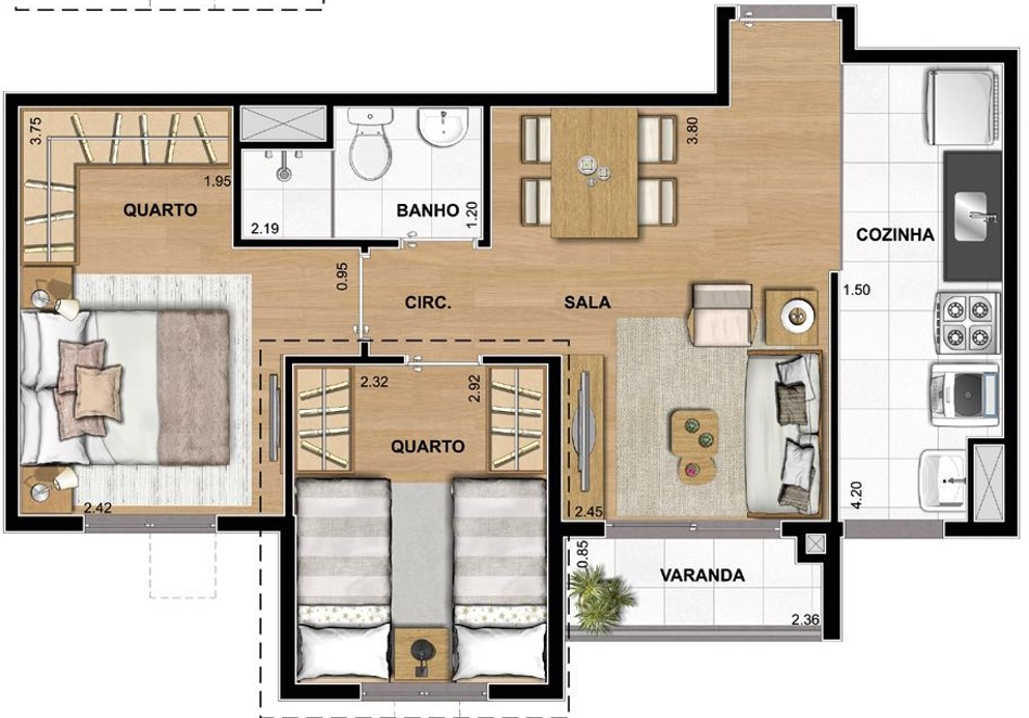 Planta 03 - 2 dorm 45 50m