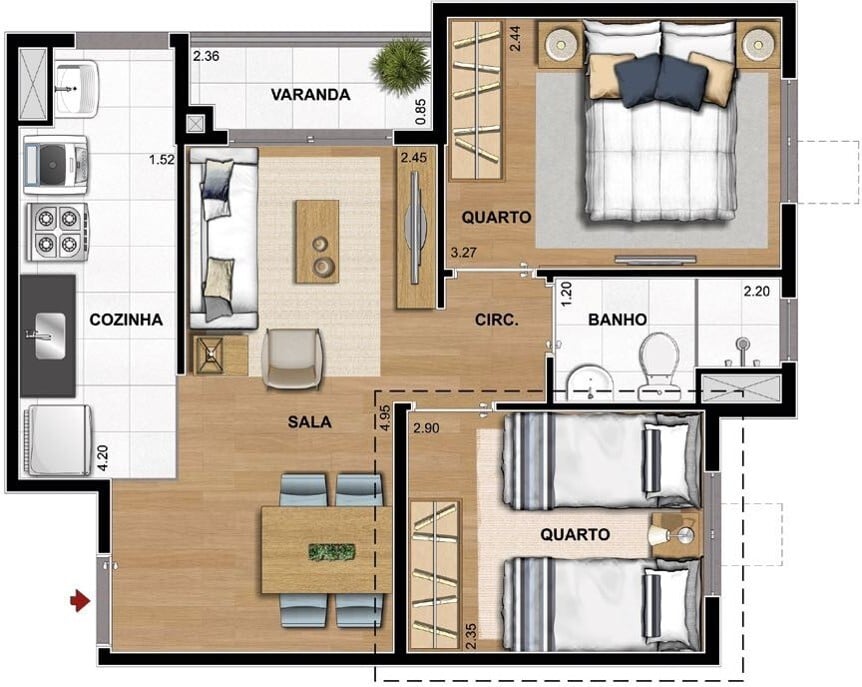 Planta 01 - 2 dorm 44 90m