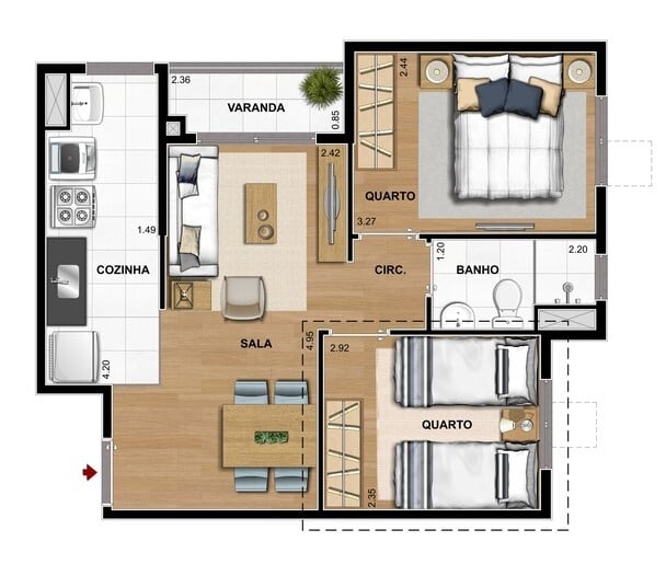 Planta 01 - 2 dorm 44 90m