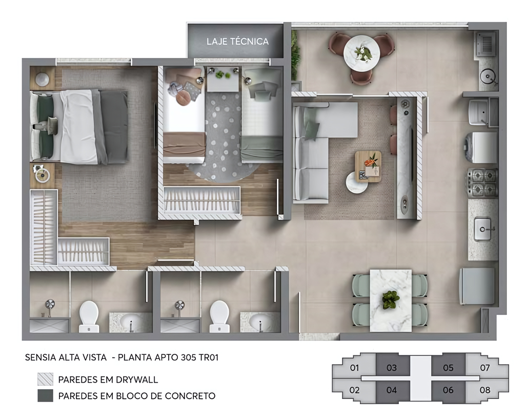 Planta 01 - 2 dorm 55,82m