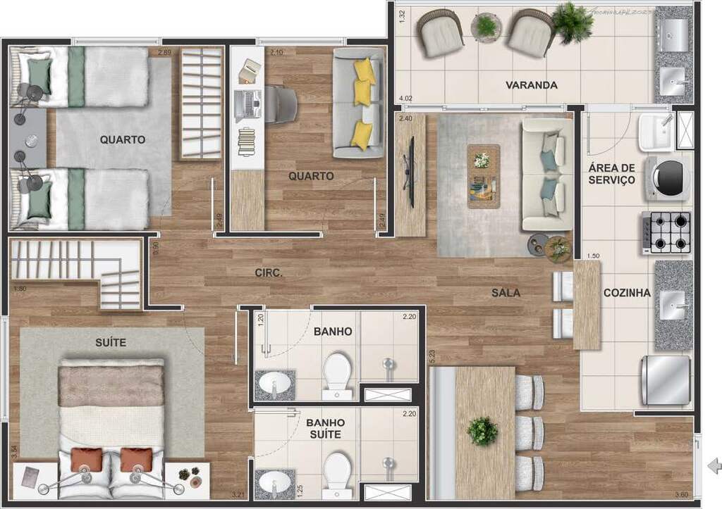 Planta 02 - 3 dorm 61,55m