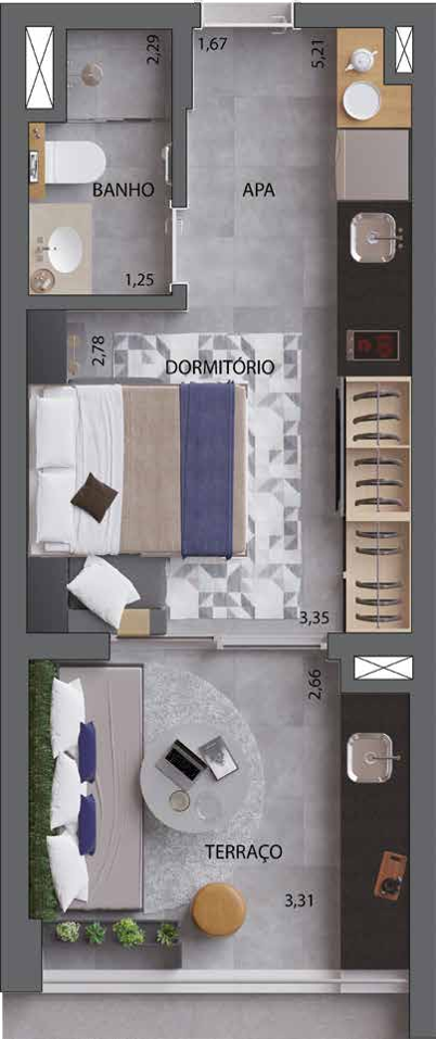 Planta 01 - 1 dorm 30m - studio