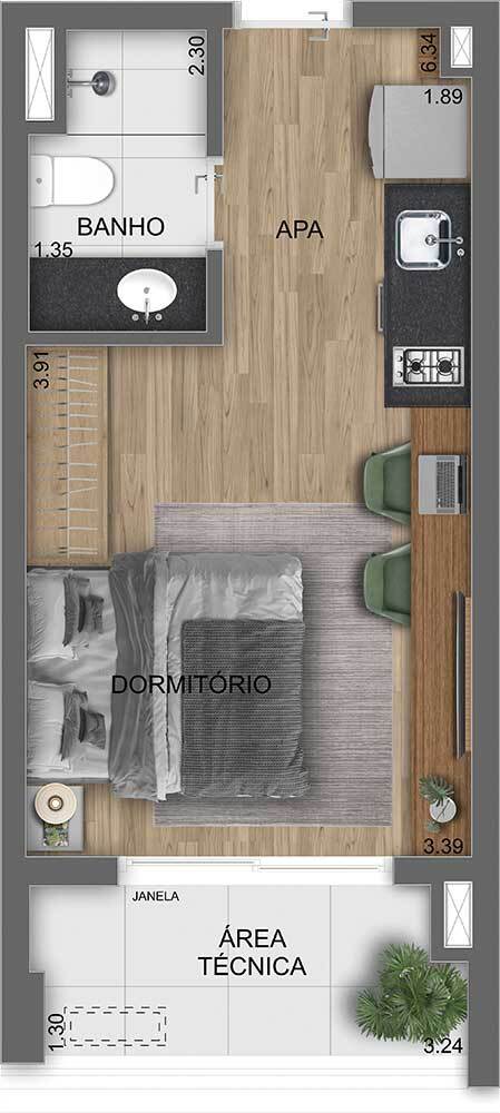 Planta 01 - 1 dorm 29m - studio