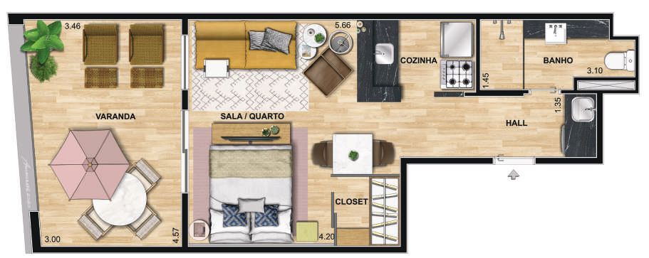 Planta 03 - 1 dorm 44 93m - studio