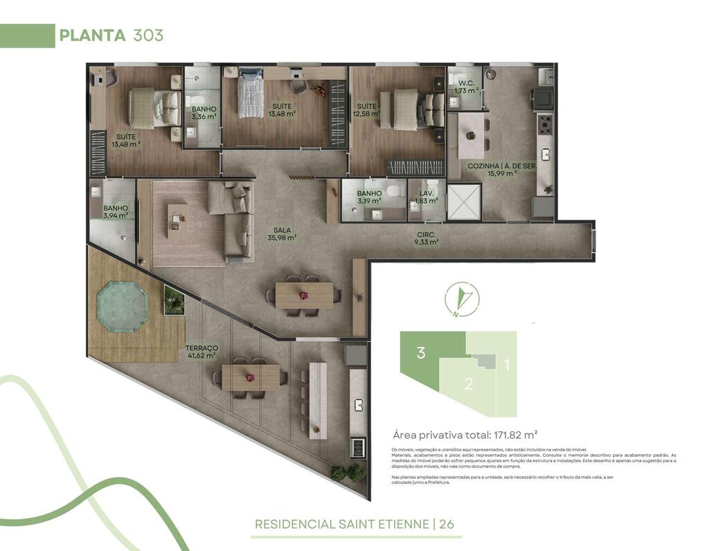 Planta 06 - 3 dorm 171,82m - cobertura horizontal