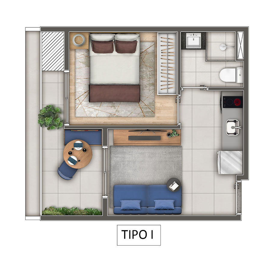 Planta 01 - 1 dorm 29m