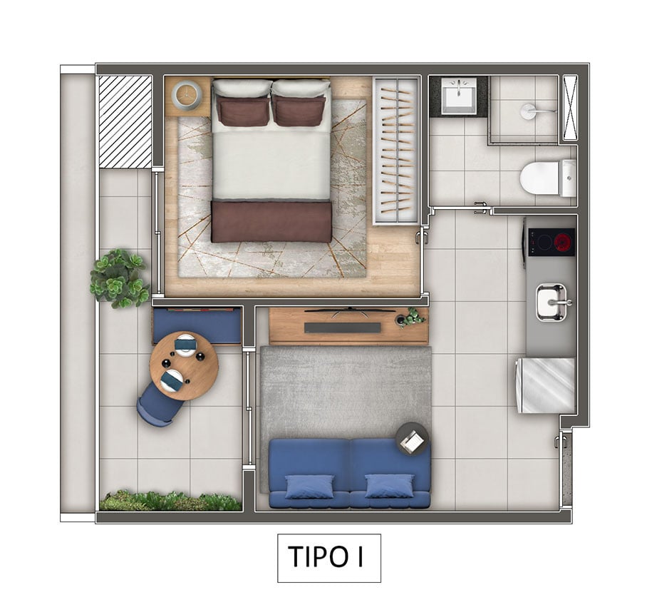 Planta 01 - 1 dorm 29m