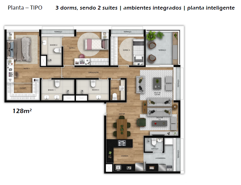 Planta 03 - 3 dorm 128m