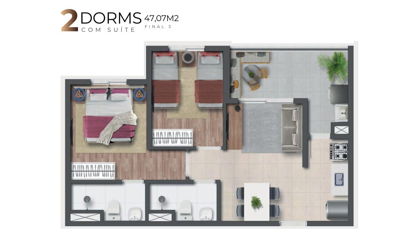 Apto 2 Dorms com Sute 47m2