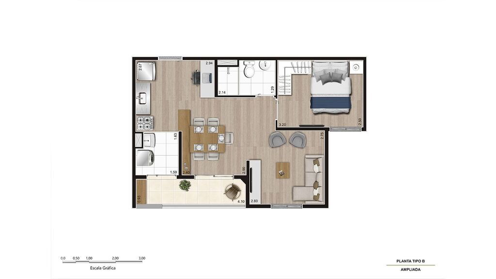 Planta 03 - 1 dorm 45 48m