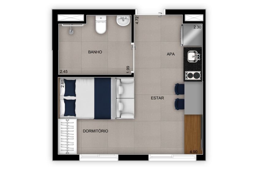 Planta 01 - 1 dorm 25m - studio