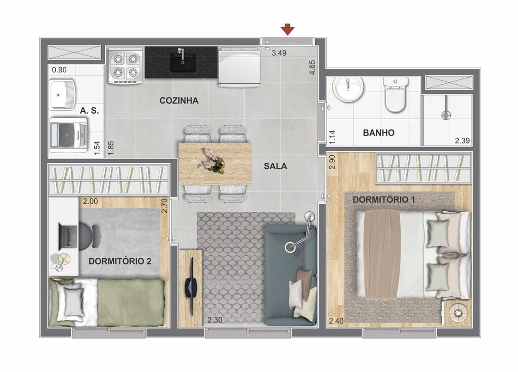 Planta 01 - 2 dorm 33,74m