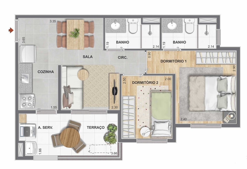 Planta 04 - 2 dorm 44,73m