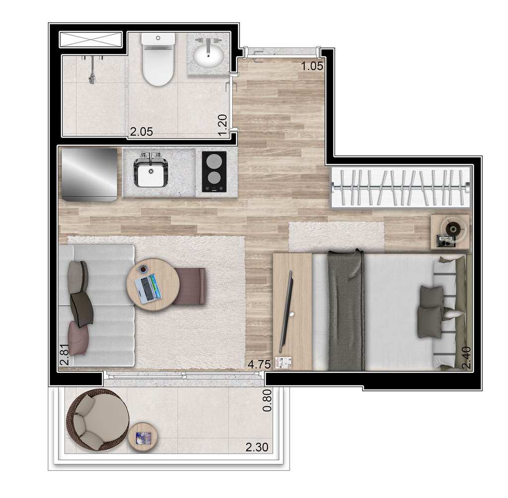 Planta 03 - 1 dorm 22,29m - studio