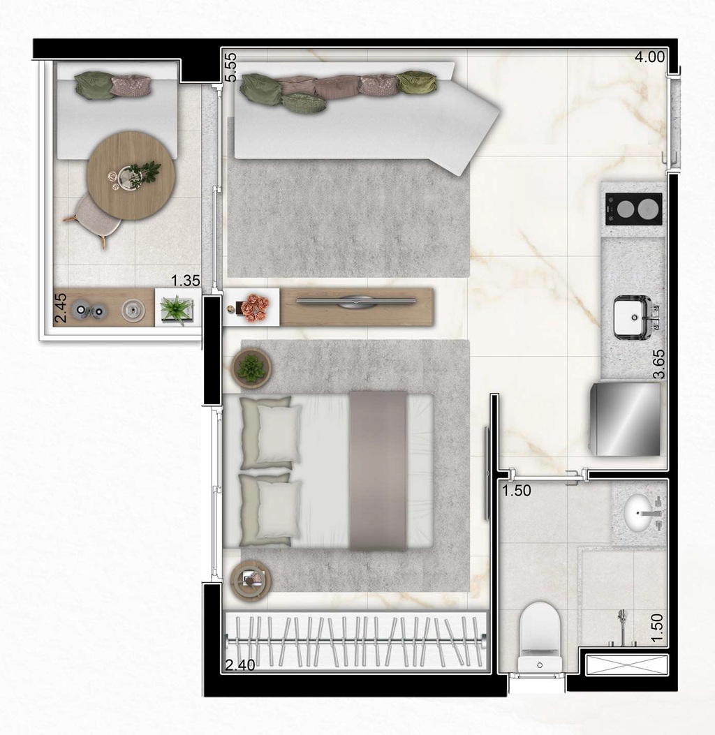 Planta 05 - 1 dorm 28,70m - studio - opo