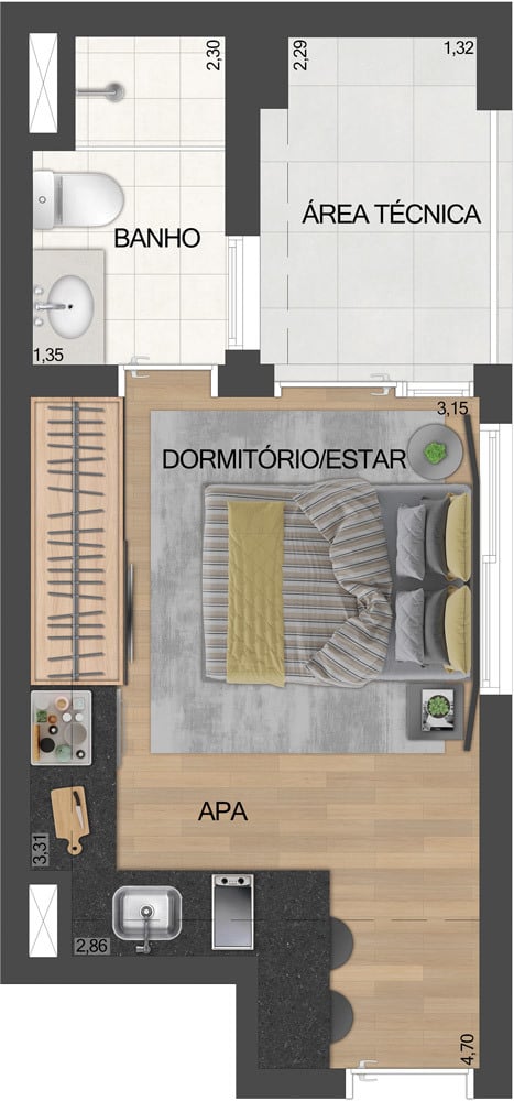 Planta 02 - 1 dorm 26m - studio