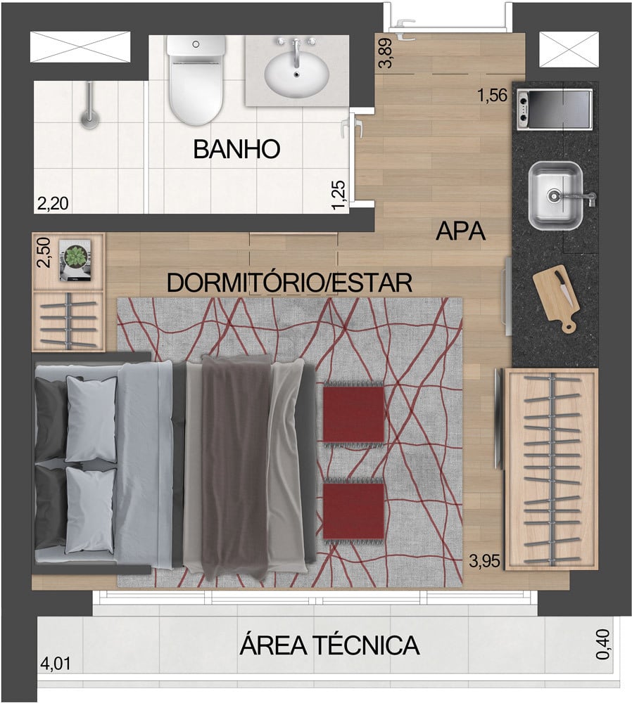 Planta 01 - 1 dorm 20m - studio