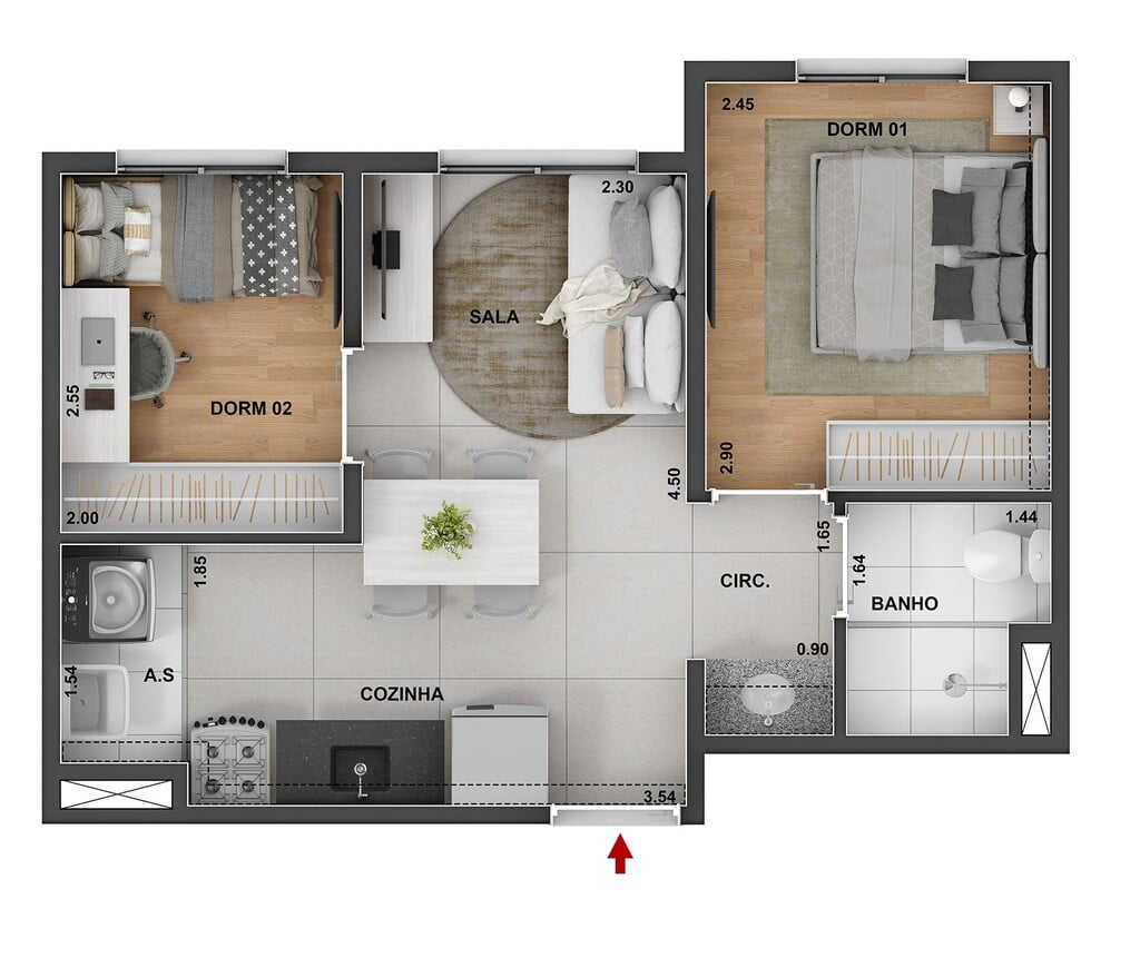 Planta 01 - 2 dorm 34,64m