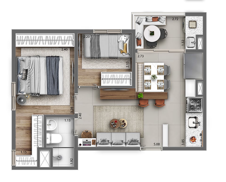 Planta 03 - 2 dorm 42,32m - opo