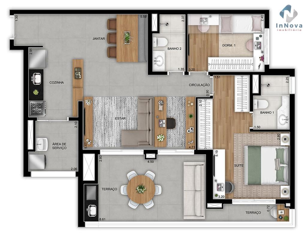 Planta 05 - 2 dorm 95m - opo