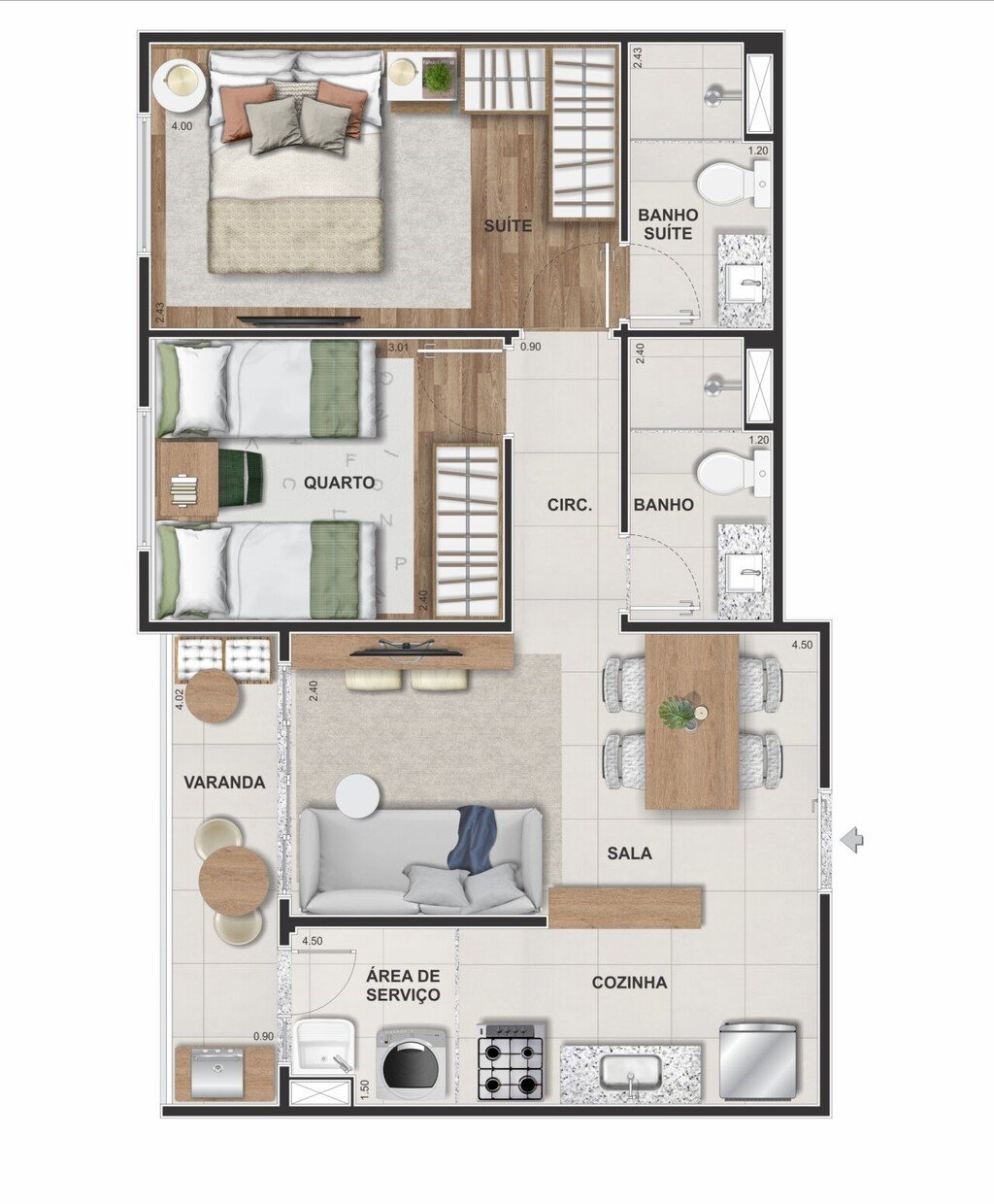 Planta 01 - 2 dorm 47,73m