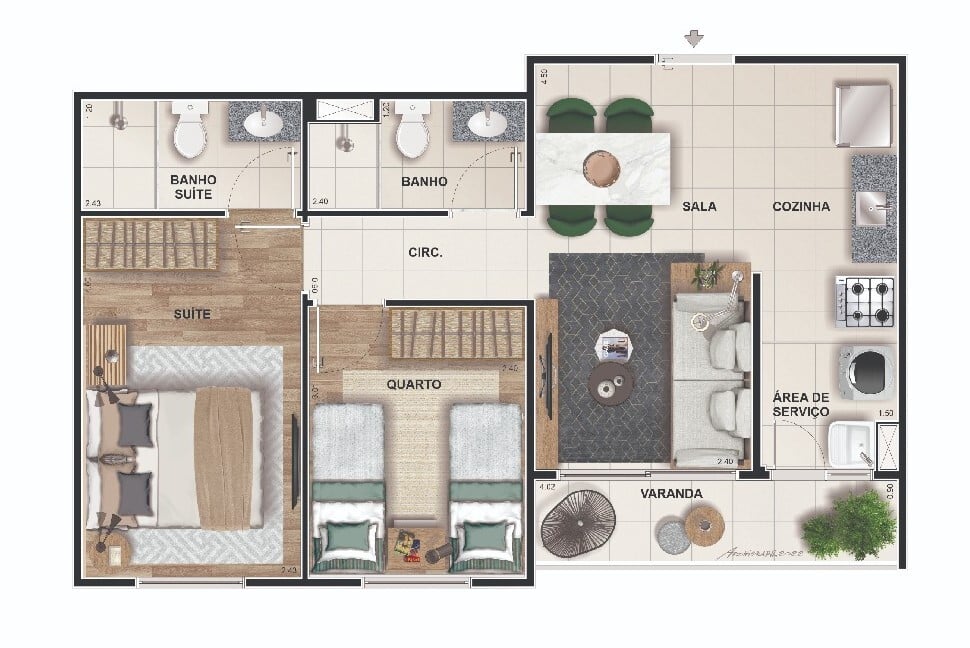 Planta 01 - 2 dorm 47,73m