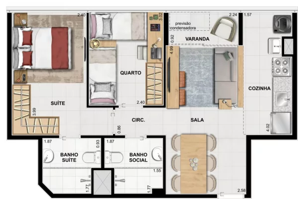 Planta 01 - 2 dorm 53 66m