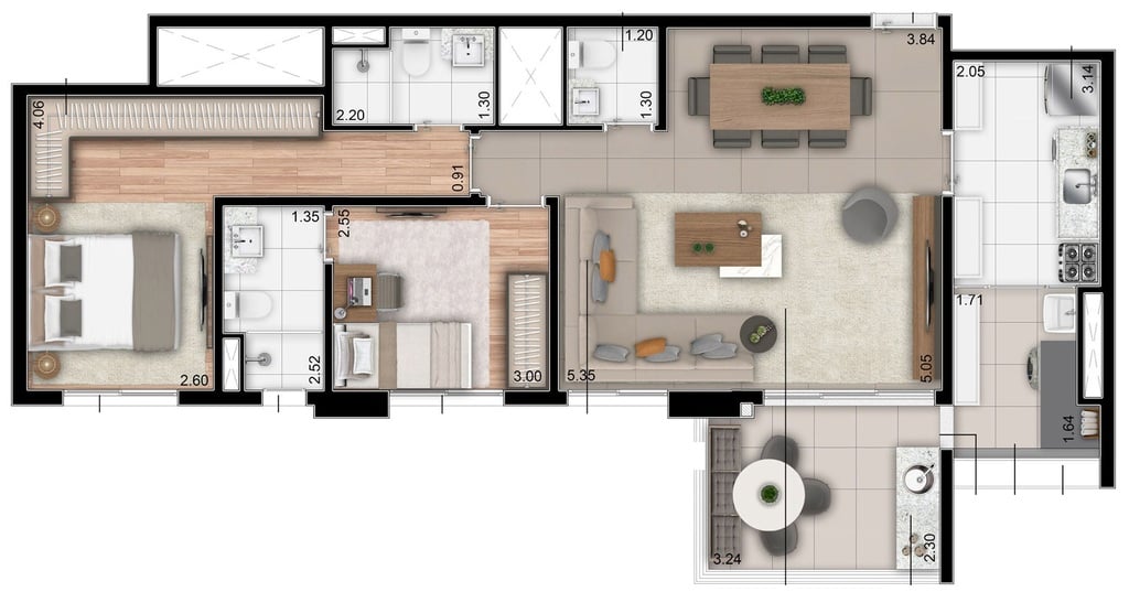 Planta 01 - 2 dorm 88m