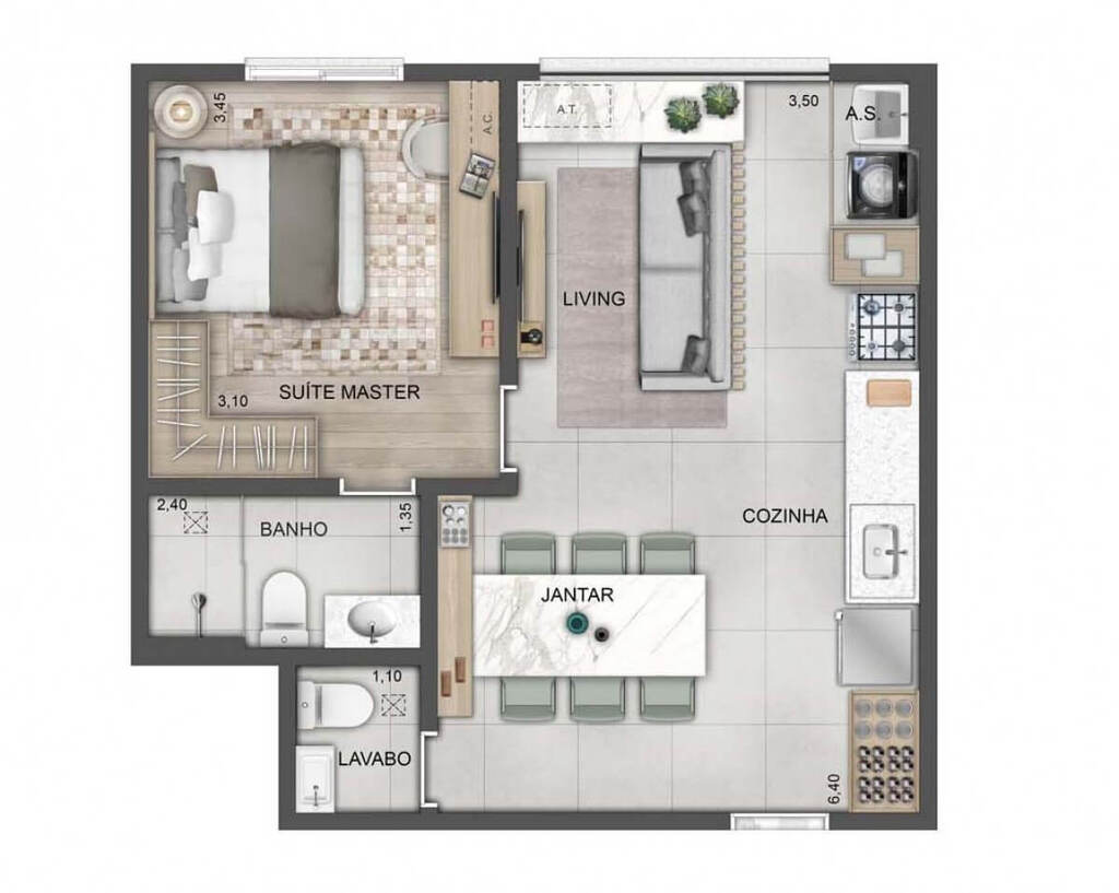 Planta 02 - 1 dorm 45m - opo