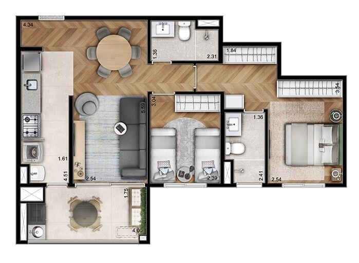 Planta 01 - 2 dorm 67 77m