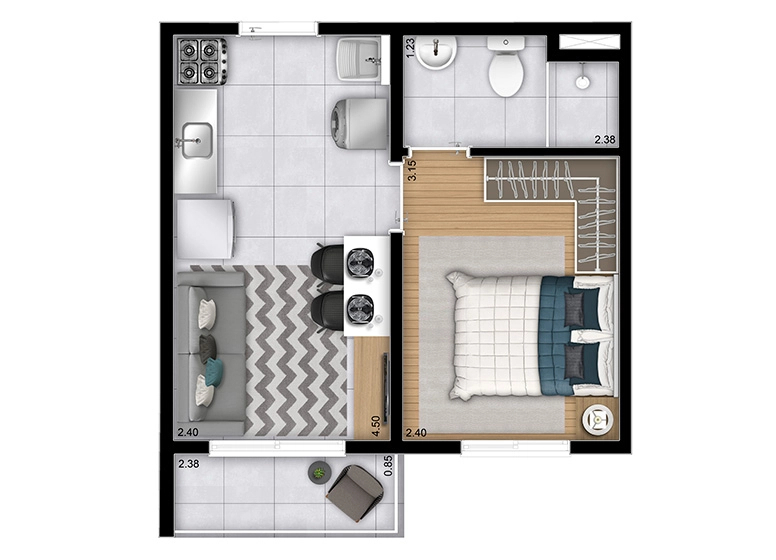 Planta 01 - 1 dorm 26,76m