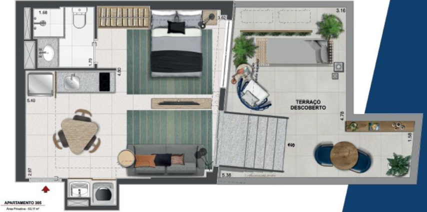 Planta 14 -  1 dorm 53 17m - studio