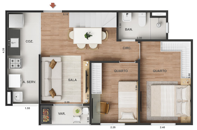 Planta 14 - 2 dorm 93,61m - cobertura duplex - inferior