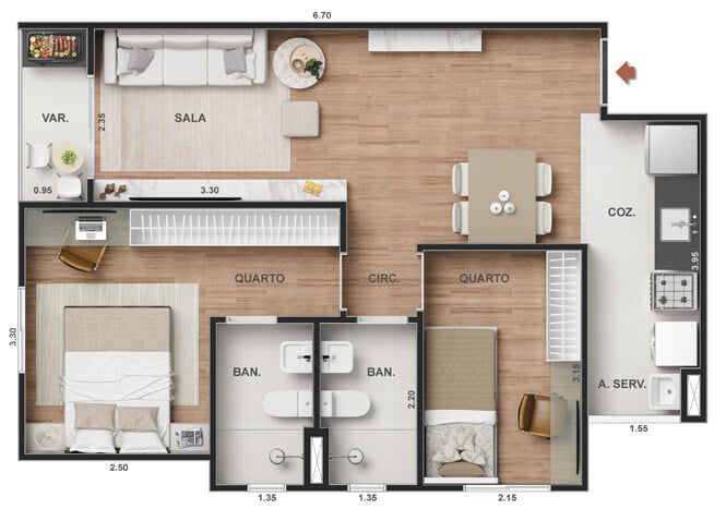 Planta 05 - 2 dorm 50,80m