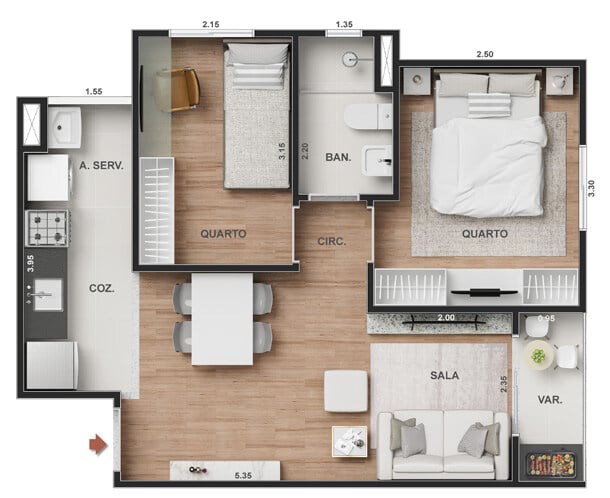 Planta 01 - 2 dorm 42,57m