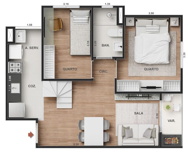 Planta 10 - 2 dorm 86,73m - cobertura duplex - inferior