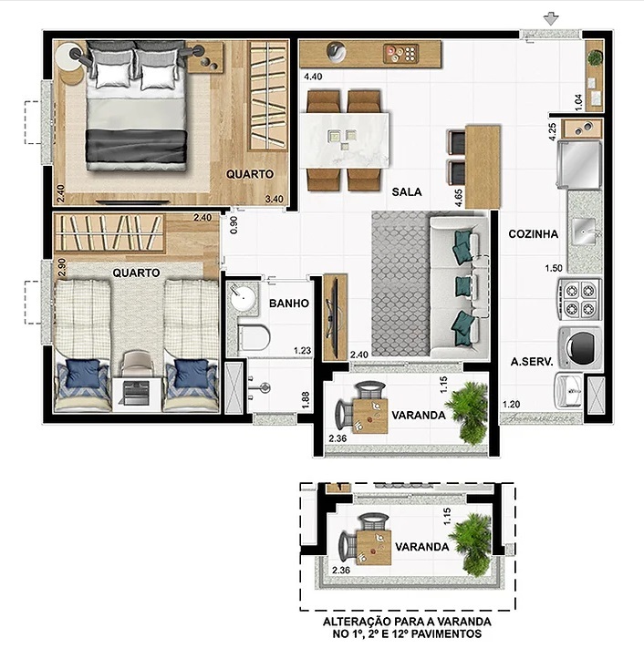 Planta 01 - 2 dorm 47,87m