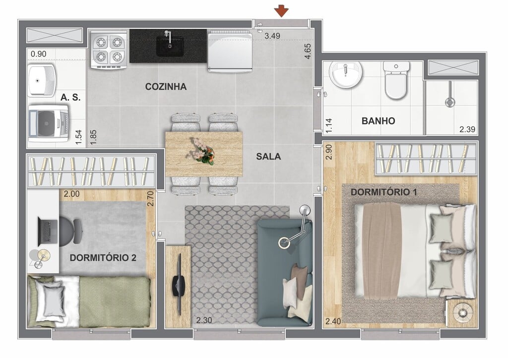 Planta 01 - 2 dorm 33,74m