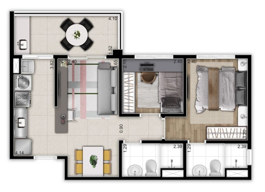 Planta 02 - 2 dorm 52m