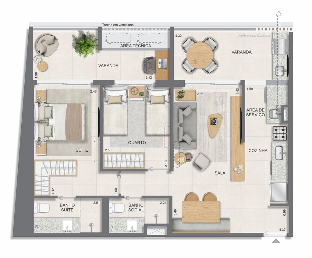 Planta 01 - 2 dorm 77 95m