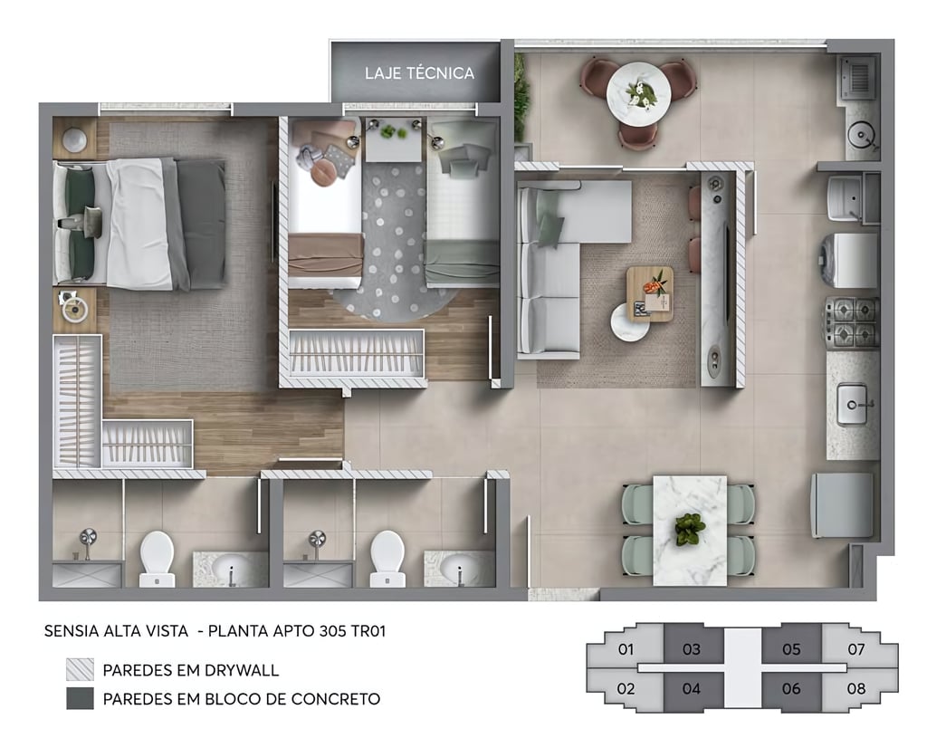 Planta 01 - 2 dorm 55,82m