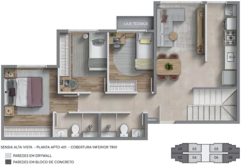 Planta 06 - 3 dorm 136,21m - cobertura duplex - inferior