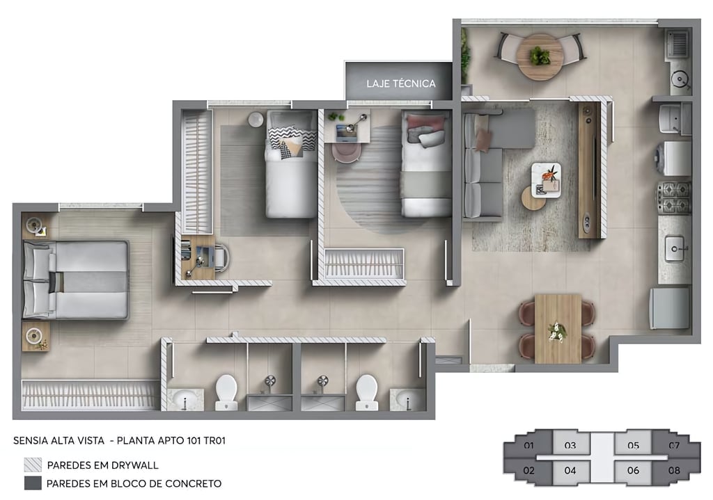 Planta 02 - 3 dorm 64,42m