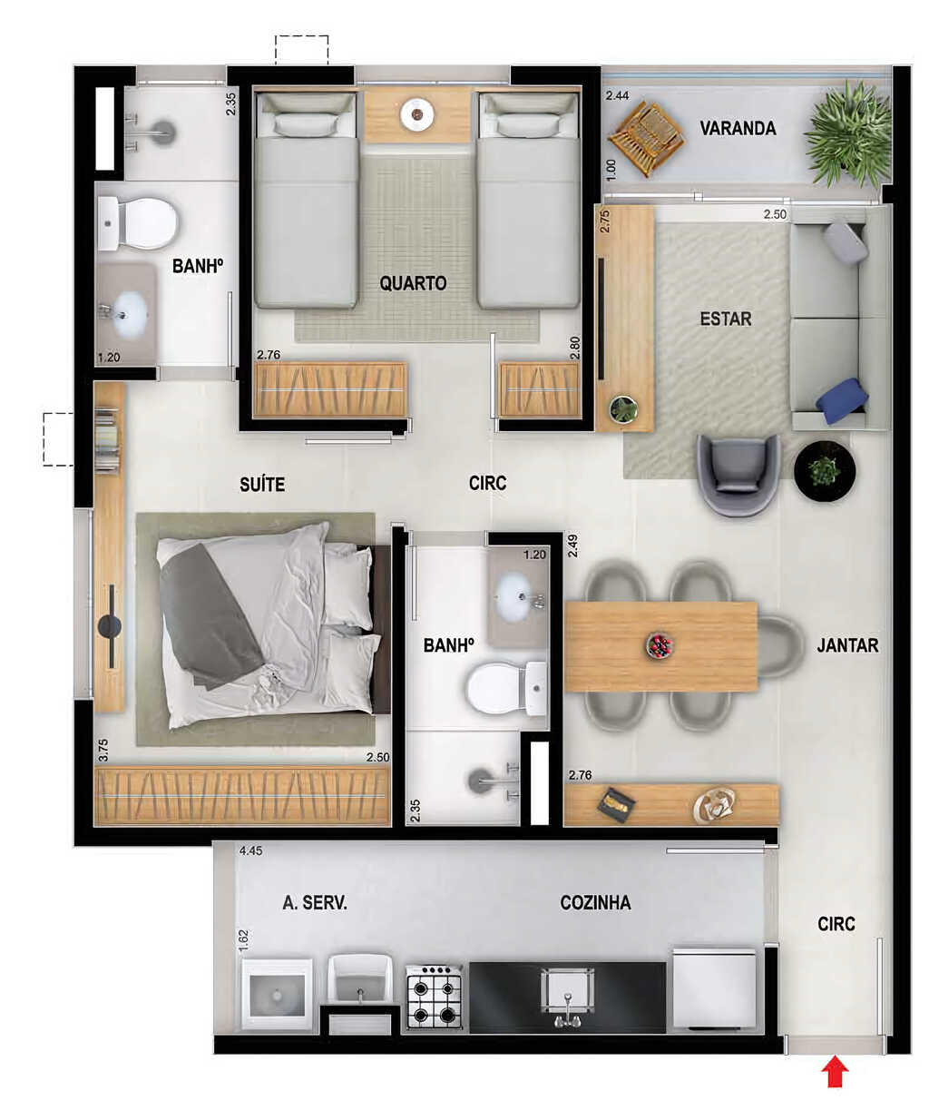 Planta 01 - 2 dorm 55,84m