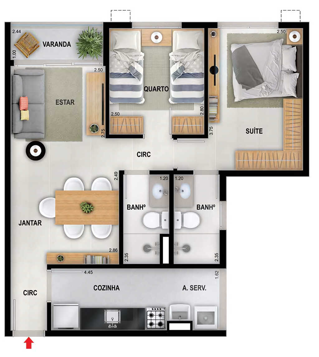 Planta 02 - 2 dorm 57,15m