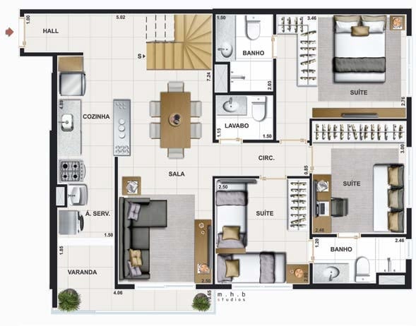 Planta 07 - 4 dorm 153,43m - cobertura duplex - inferior