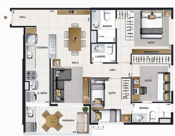 Planta 02 - 3 dorm 73,32m